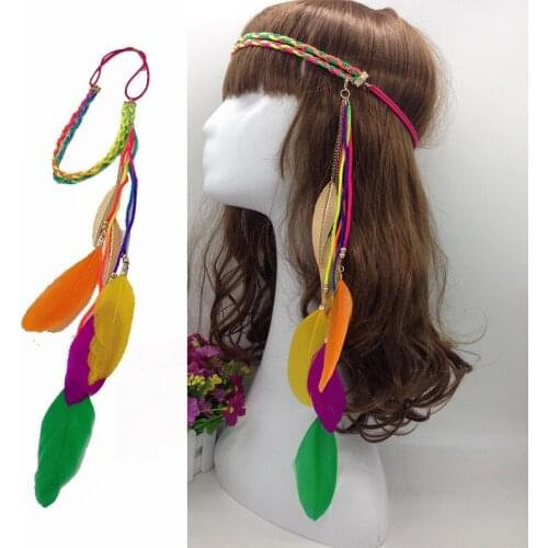 Bohemian Style Indian Feather Headband Headdress Hair Rope Headwear Tribal Hippie Handmade Hair Accessories for Women 27