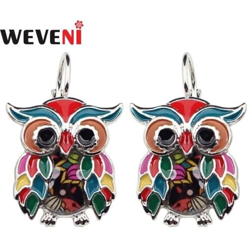 WEVENI Enamel Metal Floral Owl Earrings Stud French Clip Alloy Fashion Bird Jewelry For Girls Women Charms Accessories Gift 2018