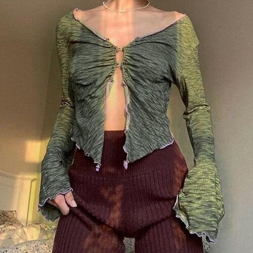 Y2k Top 2021 Summer Fairy Grunge V-neck Flare Sleeve Ruched Slit Crop Tops 90s Aesthetics Button Green T-shirts Sexy Tee Vintage