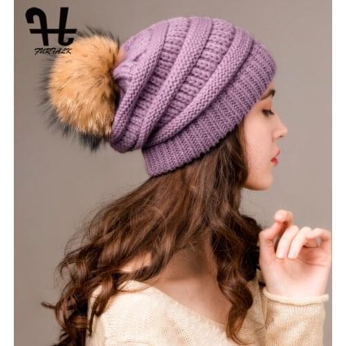 FURTALK Winter Beanie Hat Women Warm Chunky Knitted Slouchy Beanie Hats Ladies Real Fur Pompom Hat Female Winter Cap 2019 New