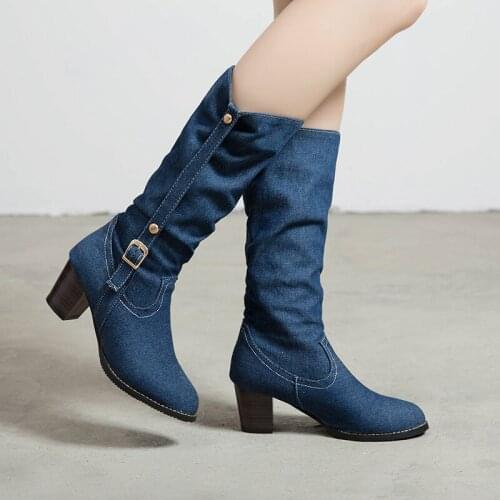 YMECHIC Blue Black Denim Buckle Strap Mid Calf High Western Winter Womens Boots Block High Heels Ladies Shoes Plus Size Footwear