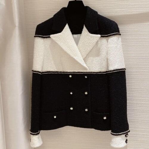 French style small fragrance black white contrast woven woolen blazer women notched autumn loose tweed stitching small suit