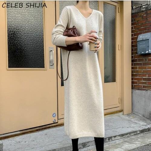 Elegant Long Woolen Dress Woman V-neck Khaki Chic Woman Knitted Dress Vestido Autumn Loose Harajuku Knitwear Winter