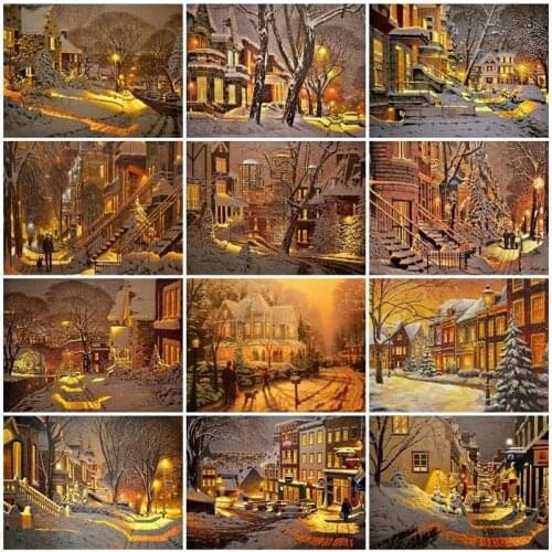 5D DIY Diamond Embroidery Street Winter Mosaic Picture of Rhinestones Diamond Painting Golden Landscape Cross Stitch Home Decor