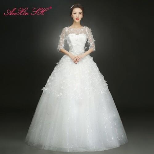 AXJFU flower princess white lace wedding Dress vintage illusion o neck little flower turkey ball gown red wedding dress