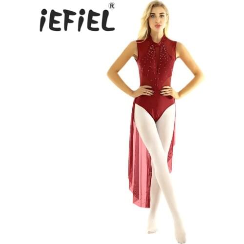 Female Women Adults Shiny Rhinestones Round Neck Sleeveless and Backless Leotard Gymnastics Bodysuit Ballet Tulle Tutu Dancewear