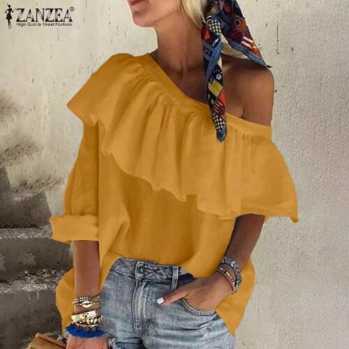 Womens Off Shoulder Blouses 2021 ZANZEA Stylish Summer Ruffle Tops Casual Asymmetrical Shirts Female Tunic Plus Size Chemise