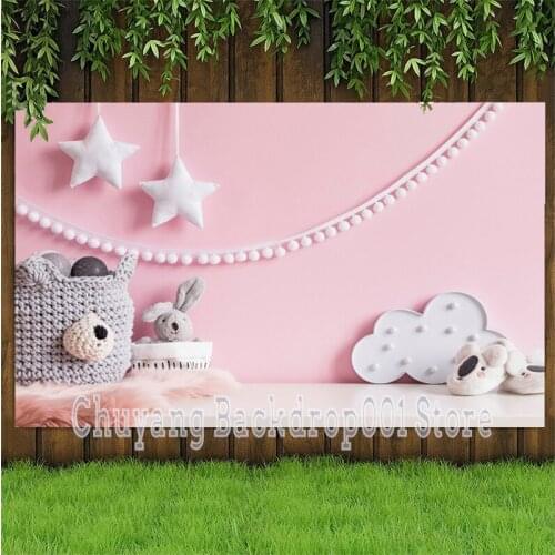 Pink Wall White Stars Newborn Baby Shower Photography Backdrops Kids 1st Birthday Bunny Decoration Background For Photo Studio