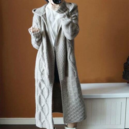 Hooded Cardigan Sweater Women Knit Stretch-knit Pockets Long Cardigans Loose Vintage Autumn Winter Sweater Coat
