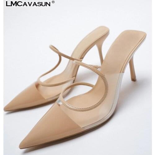 LMCAVASUN New spring womens shoes elegant high heels Paneled pointed toe stiletto sandals