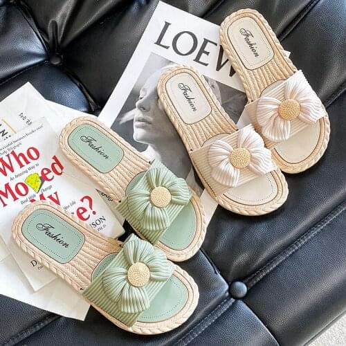 Season Cute Womens Slippers Bowknot Outerwear Fashion Slippers Indoor One-Word Floor Sandals