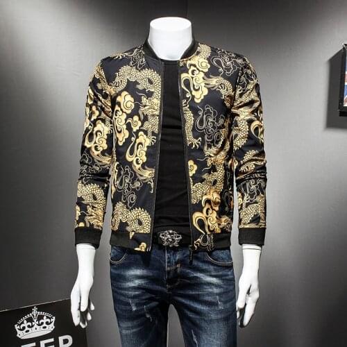Dragon Gold Print Spring Autumn Jacket Hip Hop Fashion Prom Party Club Outfit Men Vintage Jacket Men Bomber Oversize 5xl