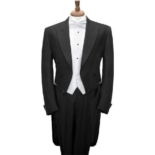 New 2016 Classic Black Tailcoat Peak Lapel Groom Tuxedos Groomsmen Best Man Suit Men Wedding Blzaer Bridegroom Suit