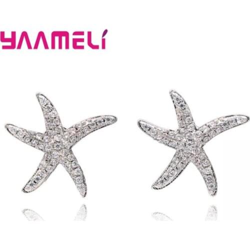 New Arrival Jewelry 925 Sterling Silver Starfish Shining Cubic Zircon Crystal Stud Earrings for Women Girl Pendientes