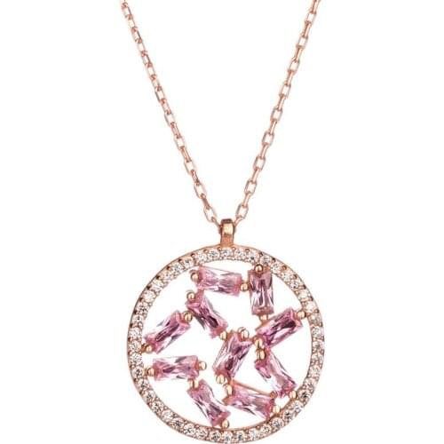 925 Sterling Silver Round Necklace with Baguette Stones Silver Pendant Necklace for Women Chain Womens Necklace