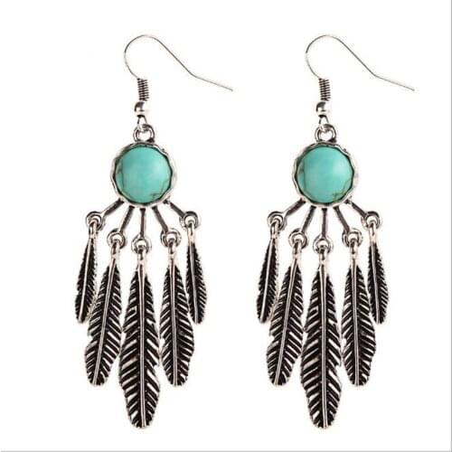 Boho Synthetic Stone Tassel Pendant Dangle Earring Vintage Metal Layer Feather Drop Earring Fashion Women Jewelry Pendietes