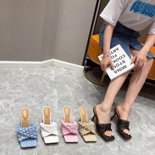 Cross Woven Brand Slides Sandals Women Open Toe Braid Designer High Heels Mules Slippers Summer Ladies Party Shoes for Women