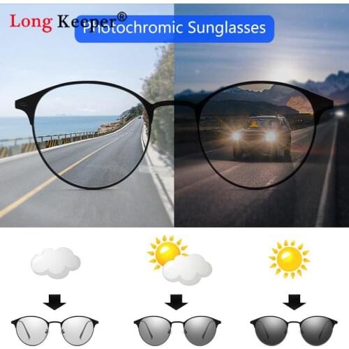 Photochromic Sun Glasses Men Anti Blue Light Glasses Frame Polarized Sunglasses Driving Chameleon Round Day Night Driving Goggle