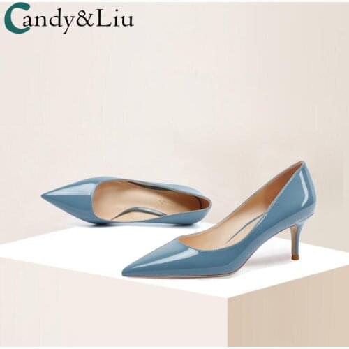 Patent Leather Pointed High Heels Womens 2021 New Small Fresh Light Color Lake Blue 6cm Medium Heel Thin Heel Shallow Pumps