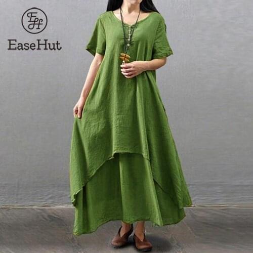 EaseHut Vintage 2 Layer Short Sleeve Women Summer Dress Mori Girl V Neck Buttons Loose Kaftan Maxi Long Sundress robe femme