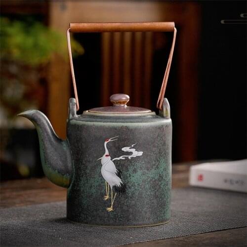 Japanese Coarse Pottery Tea Pot Retro Teapot Ceramic Kung Fu Kettle Kiln Change Tea Cup Hand Painted Crane Teacups Drinkware