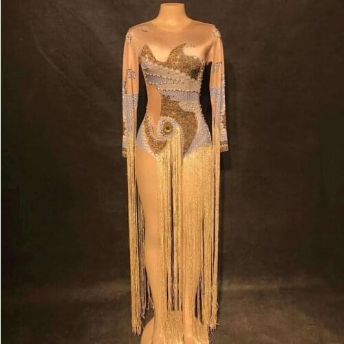 Female Singer Pole Dance Costumes Tassel Stretch Triangle High Fork Bodysuit Adult Birthday Outfits For Women Stage Wear DWY2947