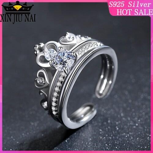925 sterling silver Queen crown double-layer combination heart-shaped ring female diamond simple 14k platinum gold ring