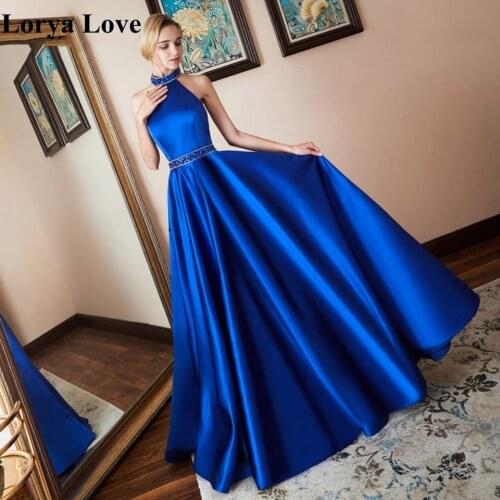Royal Blue Elegant Formal Party Evening Dresses 2020 New Beading Sequin Halter Neck Robe De Soiree Prom Gowns Women Long vestido