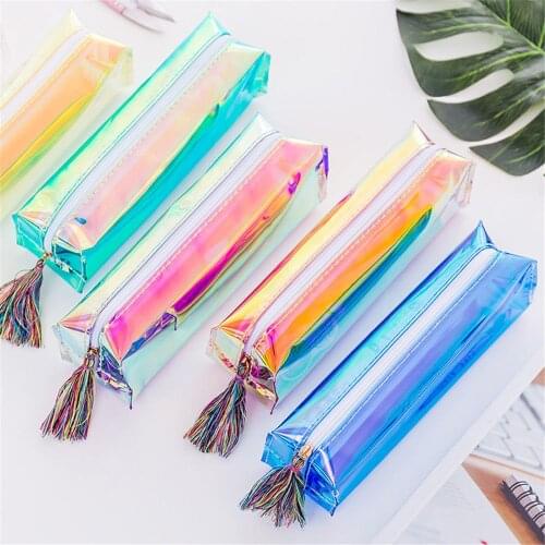 1pc Laser Colorful Pen Bag Portable Cosmetics Pouch Kawaii Bag Stationery Large Capacity Pencil Case Make Up Box Girls Gifts