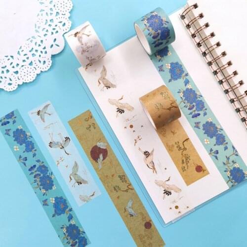 3pcs/set Golden Foil Washi Tape Cranes&Peony Flower traditional Chinese Adhesive Masking Tape Sticker Scrapbooking Stationery