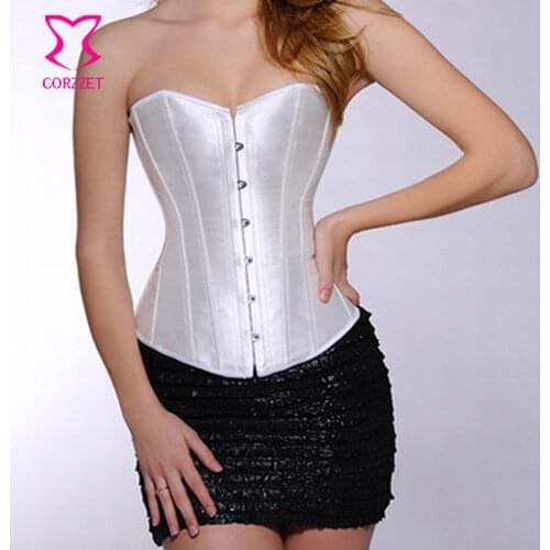 Satin Corpetes E Espartilhos Sexy Corselet Corset Overbust White Bustier Top Wedding Lingerie Corsets and Bustiers Gotico Korset