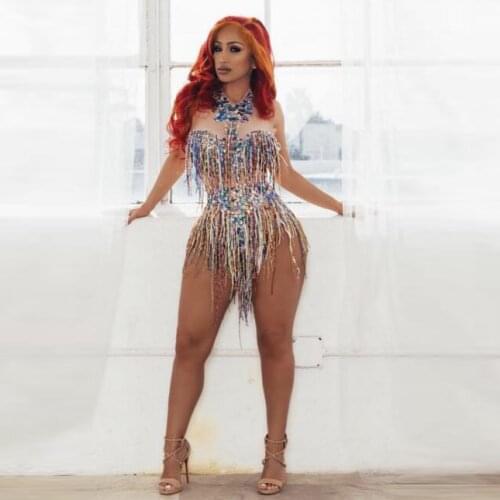 Free Shipping Colorful Fringes Rhinestones Bodysuit Women Stage Dance Costume Nightclub Dance Female Singer Show Bright Leotard