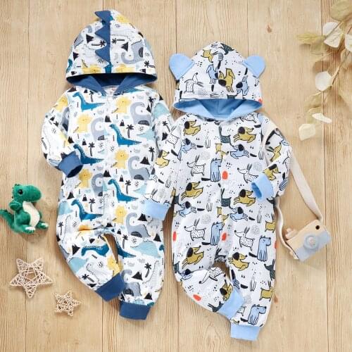 Newborn Infant Baby Boys Girls Romper Dinosaur/Dog Printed Long Sleeve Cotton Jumpsuit Toddler Clothes Outfits