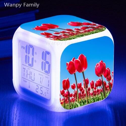 Red Tulip Alarm Clock 7 Color Changing LED Multifunctional Digital Alarm Clock for Childrens Birthday Gifts