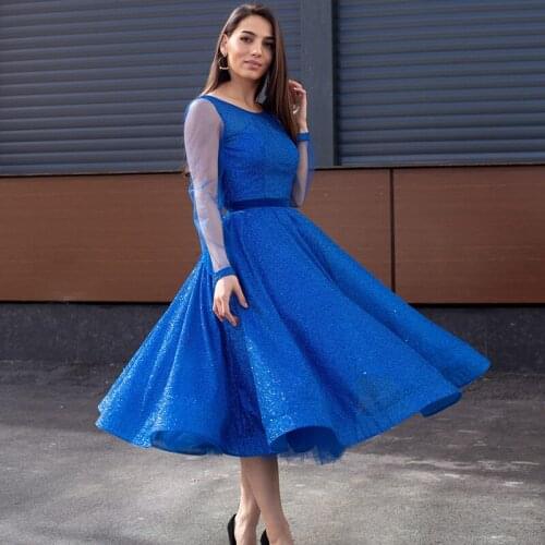 Fashion Blue Evening Dresses 2021 Unique Scoop A Line Front Split Sequined vestidos de gala Prom Gown Long