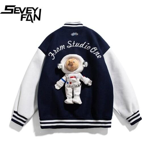 SEVEYFAN Mens Harajuku Letters Embroidery Jackets with Bear Decoration Trendy Patchwork Baseball Coat