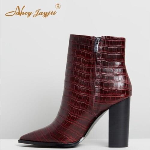 Spring&Autumn Burgundy Crocodile Print Ankle Boots For Woman Ladies Shoes Large Size 12 13 Zipper High Chunky Heels Fashion 2019