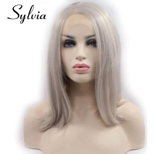 Sylvia Silver Grey Short Bob Wigs Synthetic Lace Front Wig Heat Resistant Fiber Short Straight Hair For Women