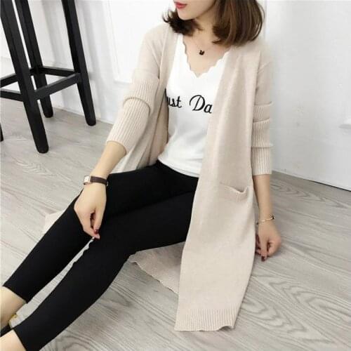 Fad casual long knitted cardigan autumn and winter Korean style elegant ladies loose solid color pocket sweater jacket shawl
