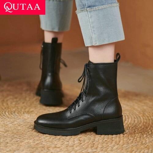QUTAA 2022 Platform Round Toe Casual Ankle Boots Square Med Heel Short Boots Lace Up Zipper All Match Women Shoes Size 34-43