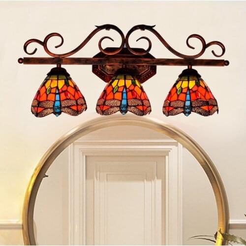 Retro Red Dragonfly Tiffany stained glass bathroom mirror headlight American style corridor bar three head wall lamp