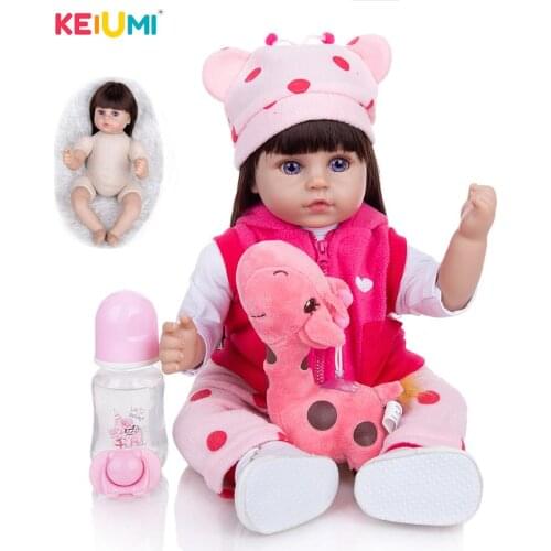 KEIUMI 18 Inch Long Brown Hair Silicone Reborn Baby Dolls Girl Toddler Reborn Bebe Toys For Children Pillow Playmates Gifts