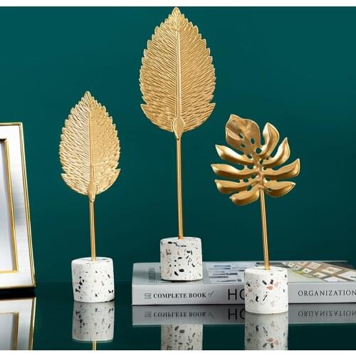Gold Leaf Home Decoration Accessories Modern Living Room Flower Ornaments Miniature Metal Figurine Wooden Office Desk Decoration