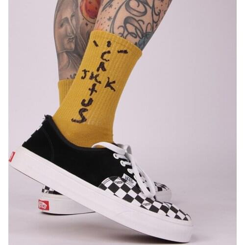 Street Fashion Cotton Adult Middle Calf Crew Socks Ginger Yellow Dark Brown Cactus Trail Letter Earth Pure Cotton Sport INS Sox