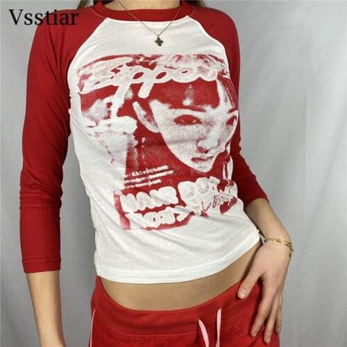 Vsstiar Fashion Design Portrait Printed T-Shirt Y2K Long Sleeve Autumn Tie Dye Casual Womens Street O Neck Top Shirt Female