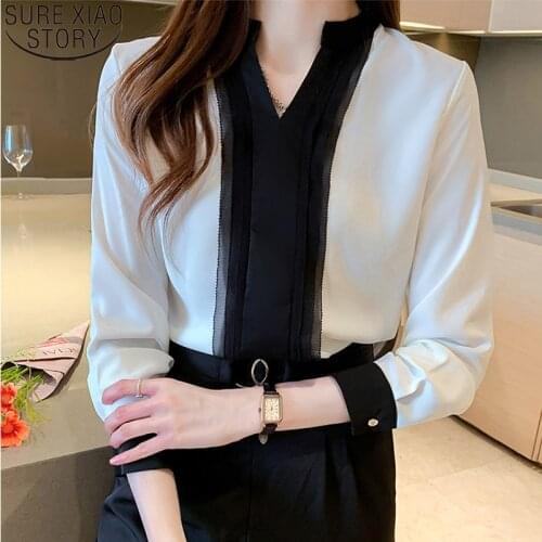 Office Lady Shirt 2021 Autumn Silk Tops Women Shirts Long Sleeve V-neck Black and White Contrast Color Satin Blouse Blusas 16112