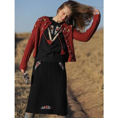 Fall Winter Skirt Women Korean Fashion Casual Handmade Embroidery Wool Knitted Skirt Ladies All-Match Midi Skirt Red/Black/White