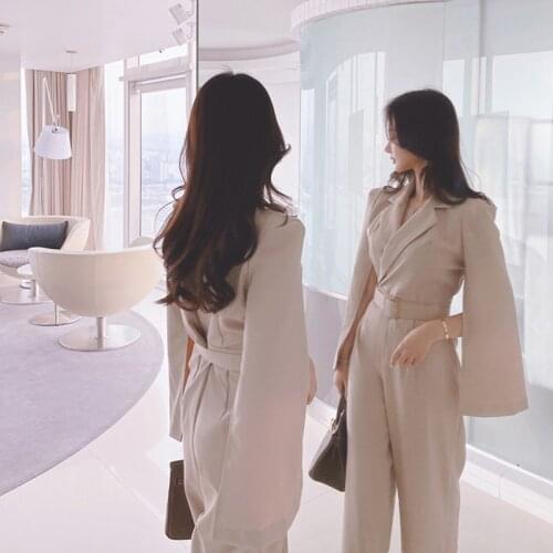 New Arrival Fashion Spring Retro OL Professional Temperament Suit Collar Open Sleeve Straight Long Jumpsuit Women Elegant Sashes