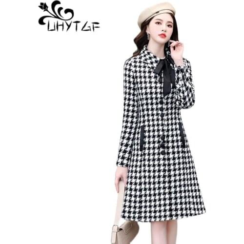 UHYTGF Autumn Winter Woolen Coat Women Fashion Plaid Elegant Female Outerwear Single Breasted Korean Slim Plus Size Jacket 1315
