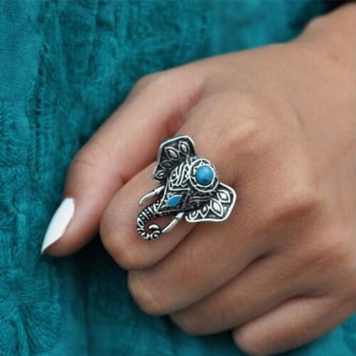 Vintage Turquoises Elephant Rings for Women Carved Pattern Adjustable Open Index Finger Ring Boho Tibetan Ethnic Jewelry Gifts